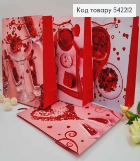 Пакет бумажный, "Бокали полные сердечек" с блеском, в ассорт. 32*26*10см 542212 фото