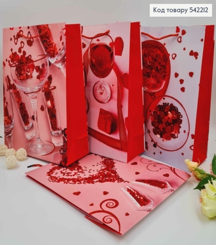 Пакет бумажный, "Бокали полные сердечек" с блеском, в ассорт. 32*26*10см 542212 фото 1