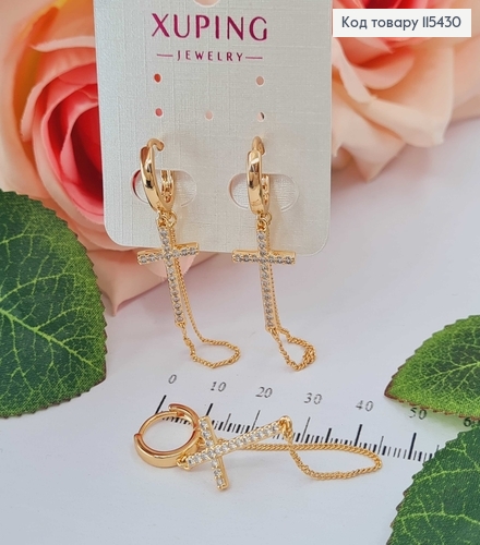 Сережки кільця 1,3см, з підвіскою хрестиком в камінцях та ципочкою 4см. Xuping 18K 115430 фото 1