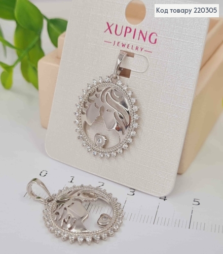 Кулон родованный "Влюбленные" в круглой оправе в камешках, 2,3см, Xuping 220305 фото 1