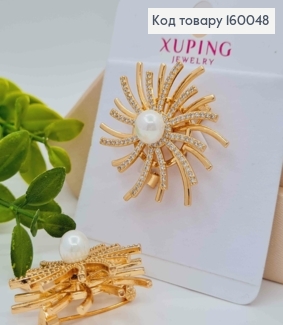 Брошь "Солнышко" украшена Блестящими камнями и Жемчужиной, 3,5см, с подвижной частью, Xuping 18к 160048 фото