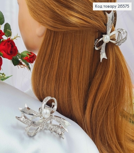 Краб металл, "Бантик" серебряного цвета, с камешками и жемчужинами, 8см. 215575 фото 1