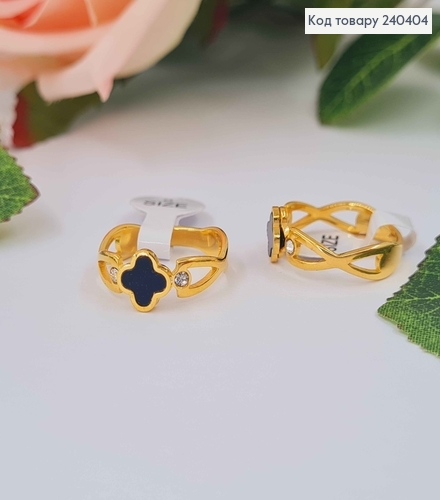 Кольцо золотого цвета, четырехлистник с черной эмалью, "Van Cleef", сталь Stainless Steel 240404 фото 1