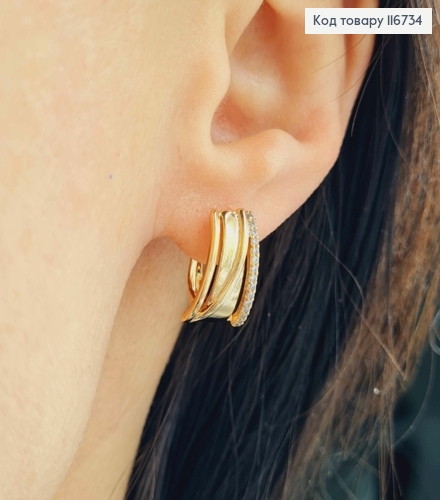 Сережки пластинки, "Глечики" з лінієчкою камінців, 1,5см, англ.заст. Xuping 18К 116734 фото 1