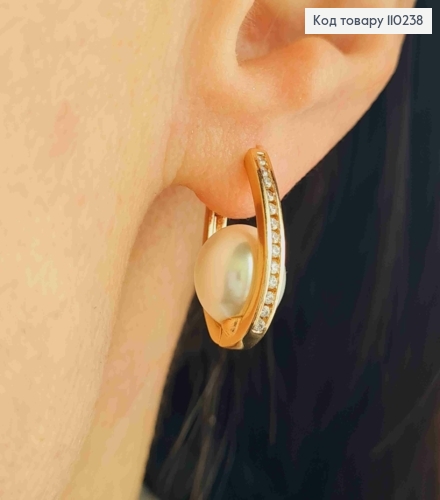 Сережки кільця "Овальні" з Блискучими камінцями та Перлинкою , довжина 1,9см, Xuping 18K 110238 фото 2