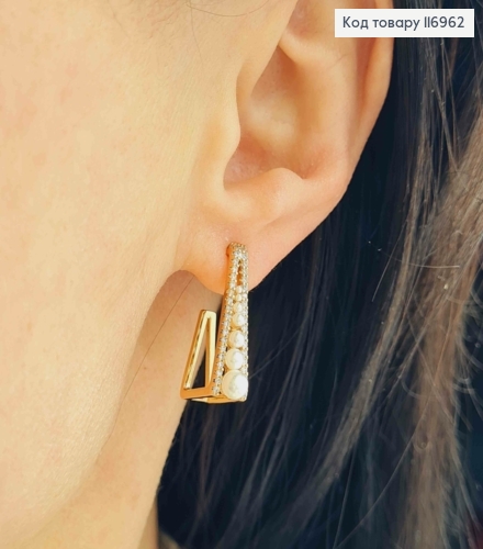 Сережки гвіздки, з перлинками різного розміру та двома лініями камінців, 2,3см, Xuping 18K 116962 фото 2
