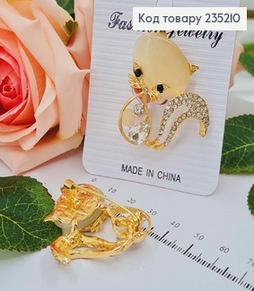 Брошь металл, "Киса", золотого цвета, с камнями, 4,5см 235210 фото