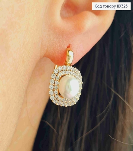 Серьги с блестящими камешками и жемчужиной, длина 1,8см, английская застежка, XUPING 18K 119325 фото 2