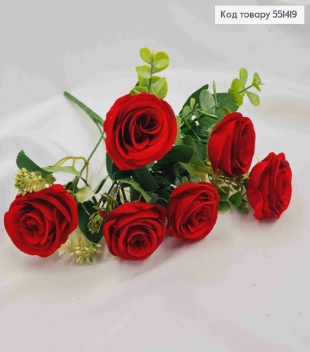 Искусственная композиция Розы, КРАСНОГО цвета, 6 веточек, 6 цветов, высота 30см 551419 фото 1