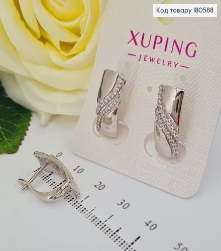 Серьги Прямокутные с Волной  в камнях 2*0,9см (англ. застежка) родированые Xuping 180588 фото 1