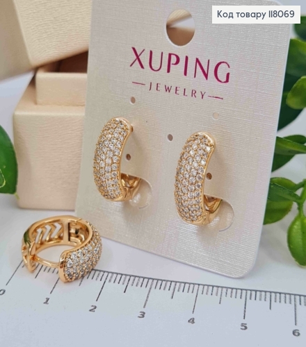 Серьги кольца с Блестящими камешками, ширина 6мм, диаметр 1,8см, Xuping 18К. 118069 фото 2