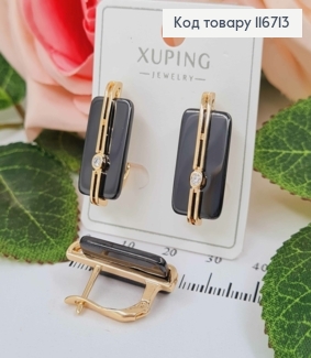 Серьги "Венера" с черной пластинкой и камешком, 2,5см, англ. зам. Xuping 18K 116713 фото