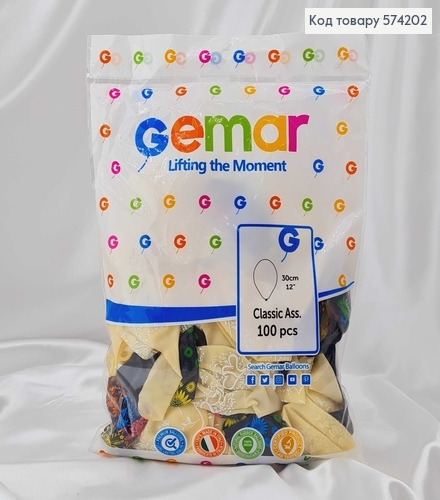 Воздушный шар латексный 12' Gemar Асорти (30см), 100шт/уп 574202 фото 1