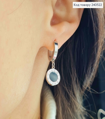 Серьги кольца, Римские часы, серебряный цвет с черной вставкой, Stainless Steel 240522 фото 3