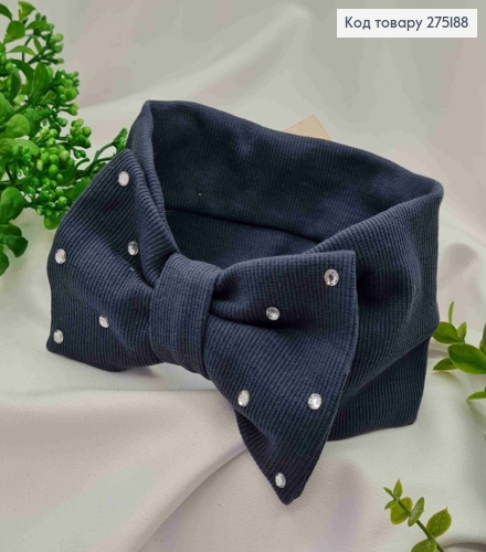 Повязка бант, трикотаж, синьо-серого цвета, в камнях, диам. 36, шир. 8см, ручная работа, Украина 275188 фото 1