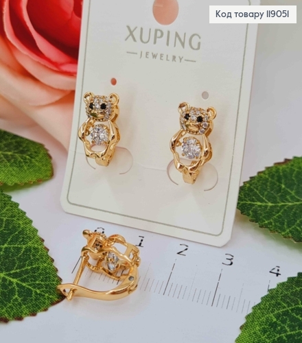 Серьги "Медвежата" с подвижными камешками, 1,4см. англ. зам., Xuping 18К 119051 фото 2