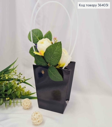 Флористическая сумочка глянцевая ЧЕРНАЯ конусная из пластик. ручками 12*12*12,5см 364031 фото 1