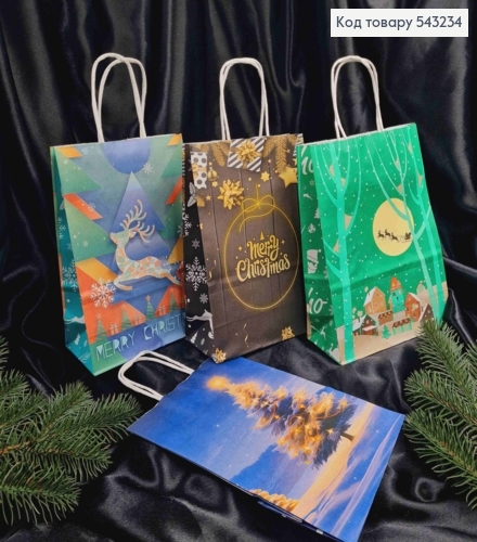 Пакет крафтовый Новогодний "Merry Christmas" в ассортименте, 22*16*8см 543234 фото 1