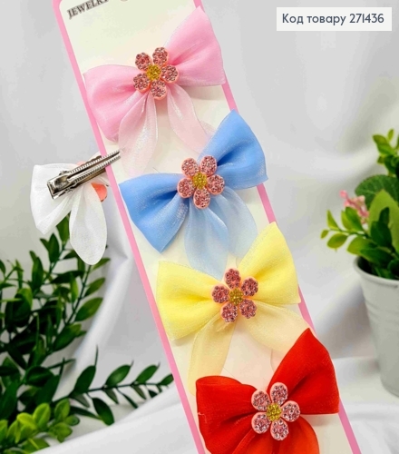 Набір заколок Стріла(10шт) БАНТИК + КВІТОЧКА в камінцях, Яскраві кольори, заколка 4см, бант6*4см 271436 фото 1