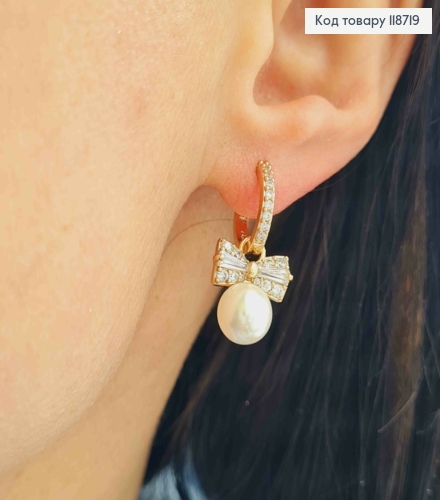 Сережки кільця в камінцях зі змінним Бантиком та Перлинкою, діаметр 1,2+1,5см, XUPING 18K 118719 фото 3