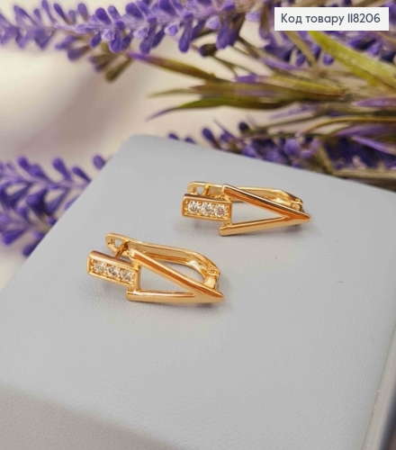 Серьги "Треугольники" украшены камешками, размер 2,1см, английская застежка, Xuping 18K 118206 фото 2