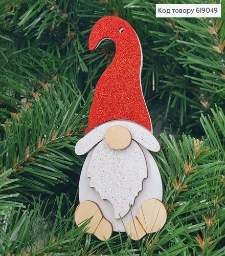 Игрушка на елку деревянная Домовичок с красной шляпой блеск 12*6 см 619049 фото 1