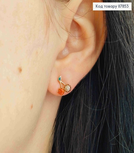 Серьги гвозди "Вишенки-Черешеньки" с Красными камешками, 1см, Xuping 18К 117853 фото 3