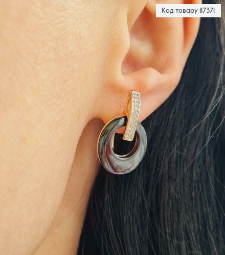 Серьги с Кругом Черного цвета и камешками, длина 2,3см, англ застежка, XUPING 18K 117371 фото 2