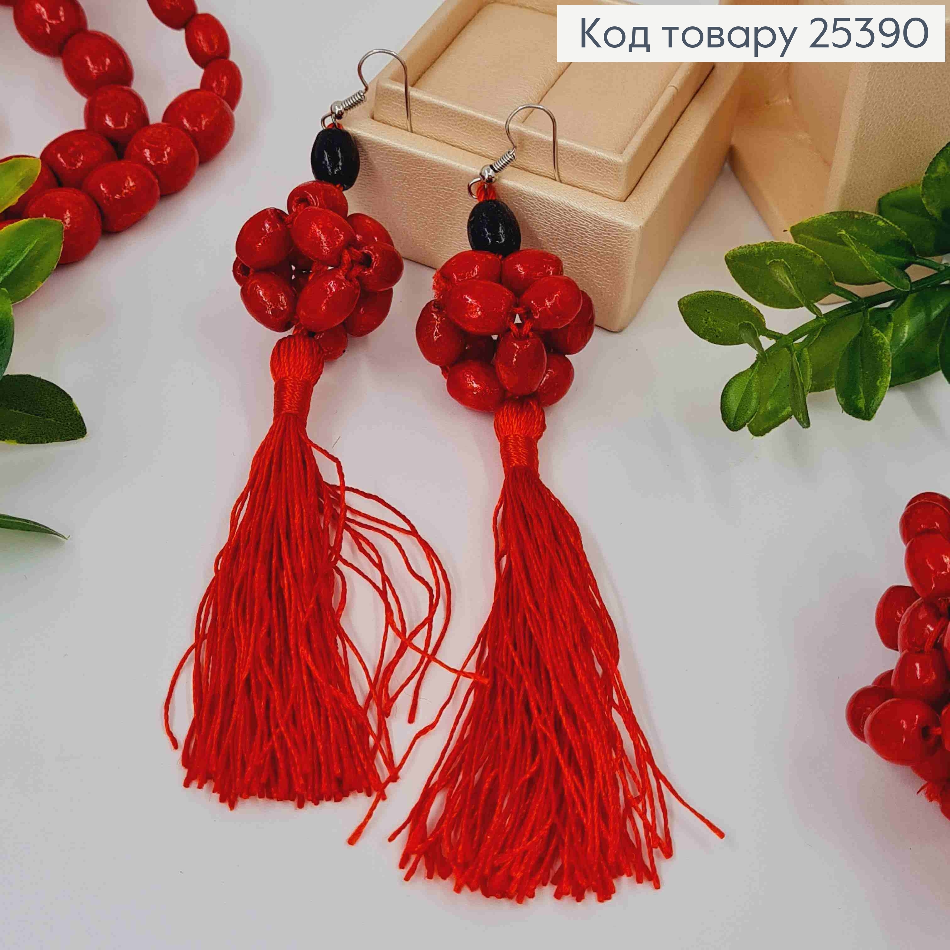 Серьги крючки из Деревянных бусин + Кисточка, Красного цвета, 3,4+8,5см, Ручная работа 25390 фото 1