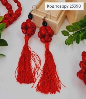 Серьги крючки из Деревянных бусин + Кисточка, Красного цвета, 3,4+8,5см, Ручная работа 25390 фото