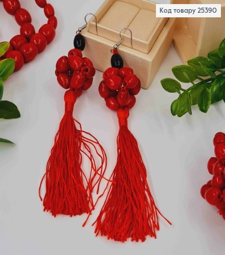 Серьги крючки из Деревянных бусин + Кисточка, Красного цвета, 3,4+8,5см, Ручная работа 25390 фото 1