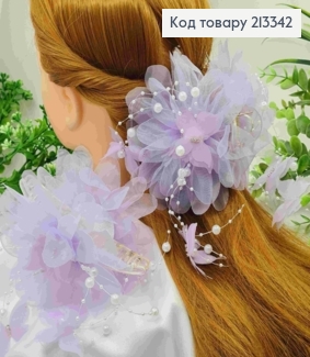 Краб пластик з бантиком з органзи, з Бусинками, камінцями та Метеликами, 13см, БУЗКОВОГО кольору 213342 фото