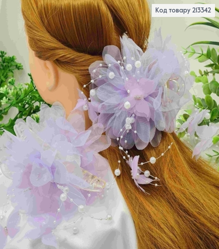 Краб пластик с бантиком из органзы, с бусинками, камешками и бабочками, 13см, СИРЕНЕВОГО цвета 213342 фото 1