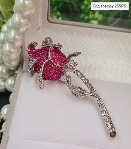 Брошка метал Роза Алая серебро с камушками 7х2,5см 235176 фото 1