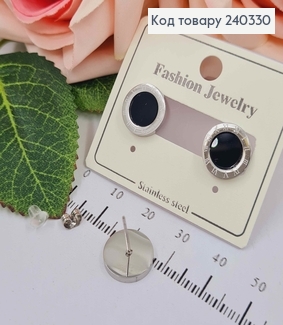 Серьги гвоздики, Римские часы, серебряный цвет с черной вставкой, Stainless Steel 260007 фото