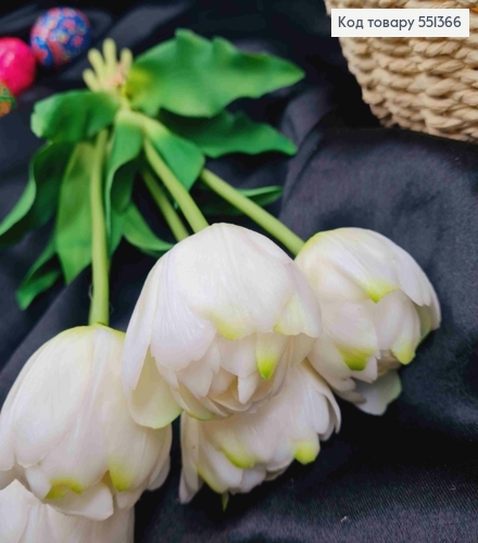 Искусственные цветы ТЮЛЬПАН Пионовидный, Белого цвета (латексные), 5шт/букет, выс. 38см, цветок 4см 551366 фото 3