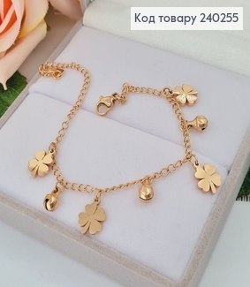 Браслет 14-20см "Мелодия удачи" с четырехлистным клевером и колокольчиками, цвет золотой, Stainless Steel 240255 фото