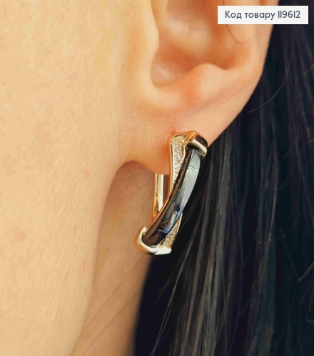 Серьги овальные с Блестящими камешками и Черной эмалью, длиной 1,9см, английская застежка, Xuping 18К. 119612 фото 1