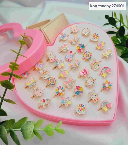 Набір колечок (36шт) "Лабубу", "Метелики", "Квітки", в асортименті, в коробочці- сердечку 274601 фото 1