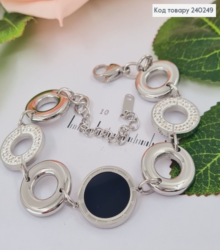 Браслет 19+6 см Римские часы с чёрной эмалью и камушками, цвет серебряный, Stainless Steel 250002 фото 2