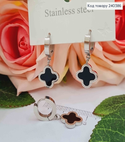 Серьги кольца, серебряного цвета, с черной эмалью, "Van Cleef", 1,6см, сталь Stainless Steel 240386 фото 2