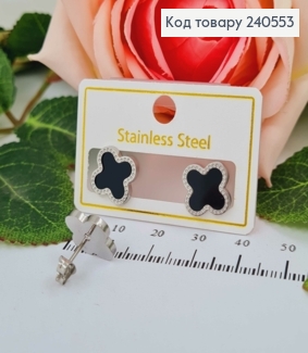 Серьги гвоздики серебряного цвета с черной эмалью "Van Cleef", 1,3см, сталь Stainless Steel 240553 фото