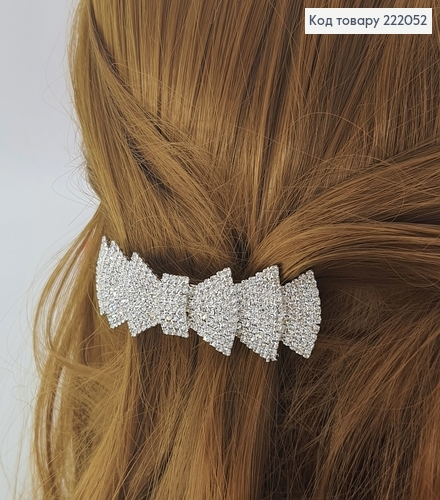 Заколка автомат серебряная с камнями Тройной бантик 222052 фото 1