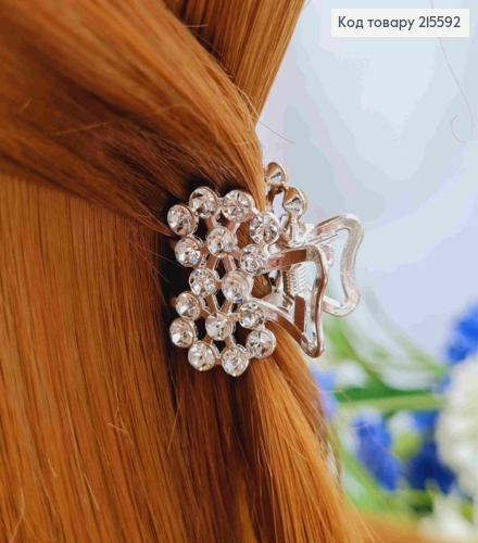 Краб метал "Квітковий Бантик", 2,5см в камінцях , срібного кольору 215592 фото 2