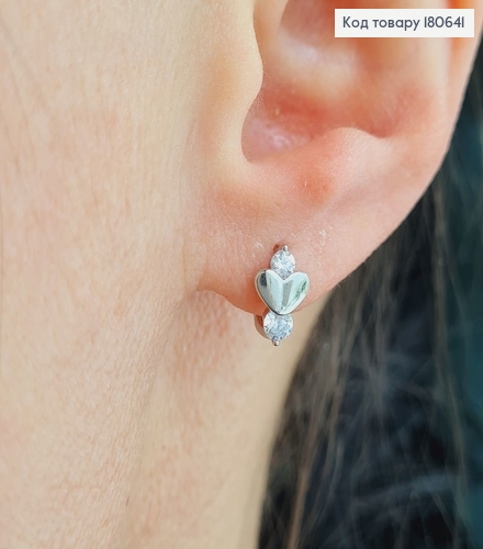 Сережки родированые, сердечко с камнями 1см, Хuping 180641 фото 2