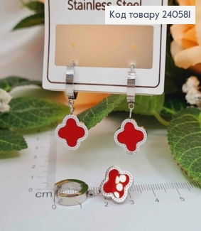 Серьги кольца серебряного цвета, с красной эмалью, "Van Cleef", 1,6см, сталь Stainless Steel 260054 фото