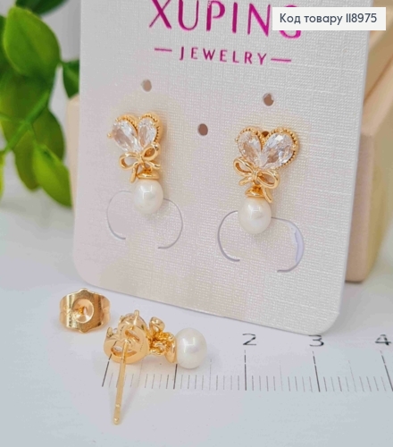 Серьги гвоздики Сердце из камней с подвесной жемчужиной, длина 1,5см, Xuping 18K 118975 фото 2