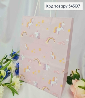 Пакет крафтовый, 22*27*11см, Бледо-Розовый с Единорогом 543197 фото