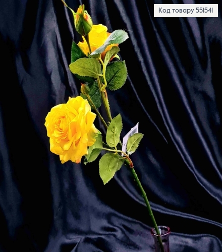 Штучна гілочка Троянди, ЯСКРАВО-ЖОВТОГО кольору, 2квітки, 2бутони на метал. стержні, висота 51см 551541 фото 1