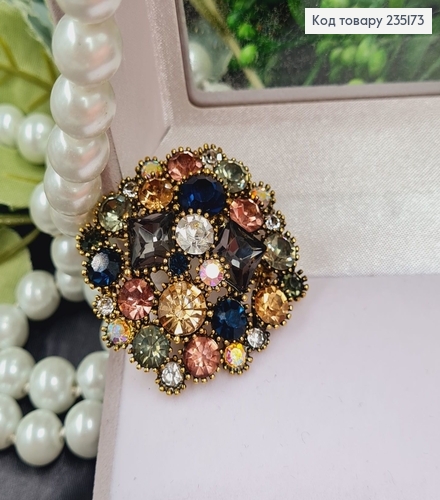 Брошка метал Кристал с разноцветными камушками 4,5х4,5см 235173 фото 2